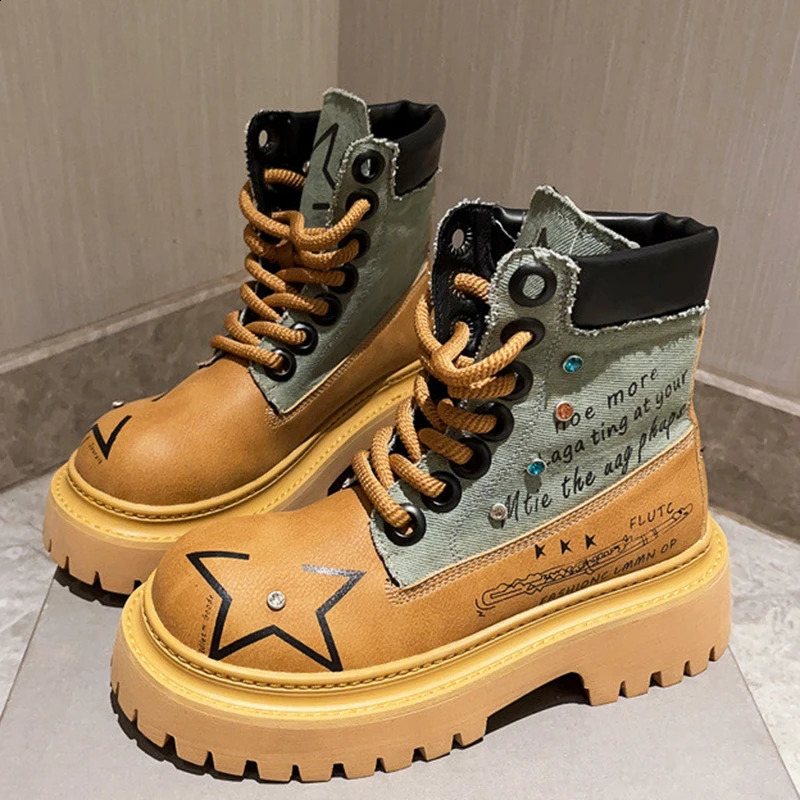 Women Patchwork Boots Lace Up Personalized Vintage Chunky Motorcycle Boots Punk Platform Casual Comfortable Female Boots 241226