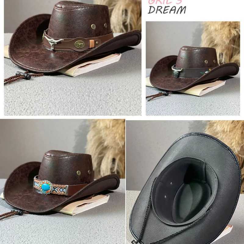 Western style cowboy hat headband rivets Fedora hat womens outdoor travel hat wide brown sun hat synthetic leather Panama cowboy hat W241225