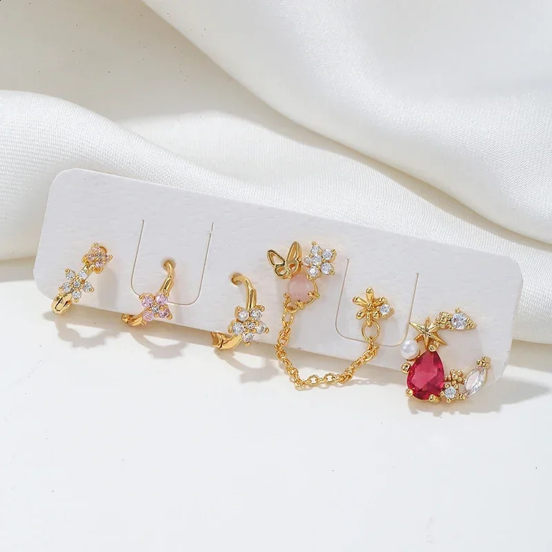 Exquisite Gold Color Flower Stud Chain Earrings Set for Women Cute Zircon Piercing Hoop Earring Fashion Korean Jewelry Wholesale 241226
