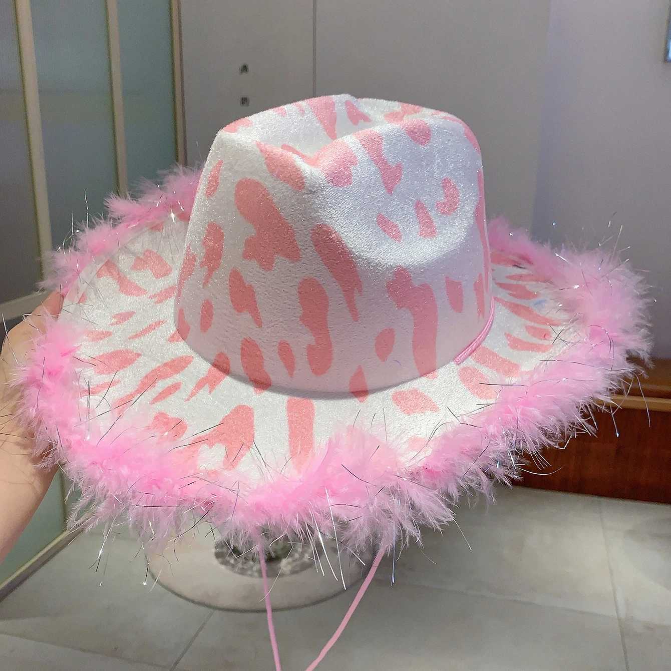 KAMMPT Western Design Pink Cowboy Hat Womens Performance Rope Fancy Dr Hat Fashion Feather Decoration Travel Outdoor Hat W241225