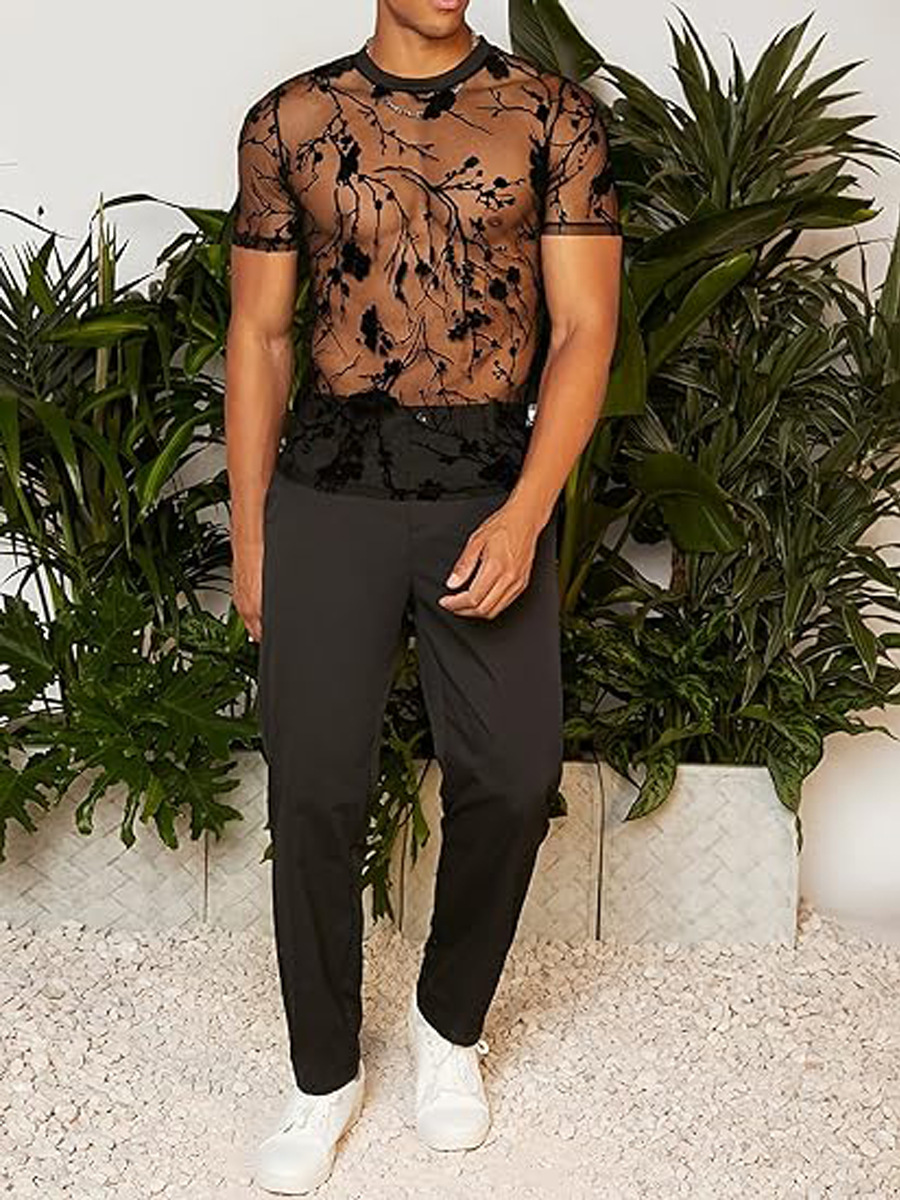 Men's T Shirts Summer Thin Floral Design Flocked Sexy Round Neck See Through Mesh Short T Shirt Sports Brand Fashion Clothes