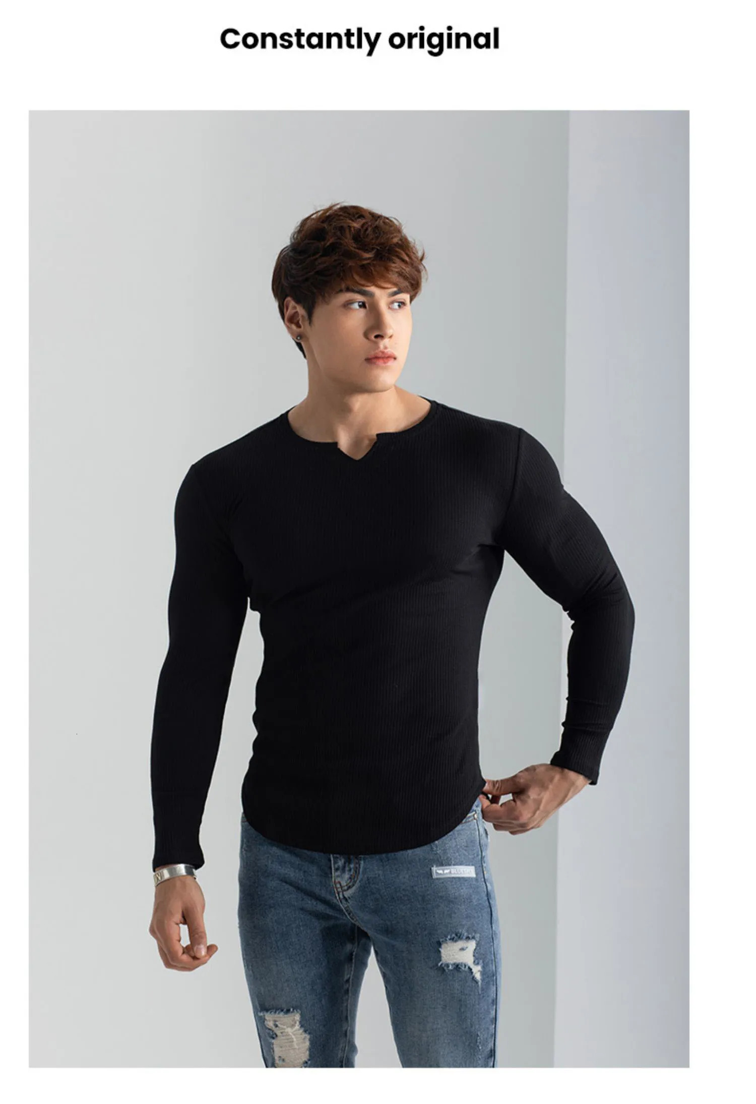 2024 mens texture stripes solid color Vneck tights elastic running hip hop long sleeve Tshirt spring and autumn shirt 241223