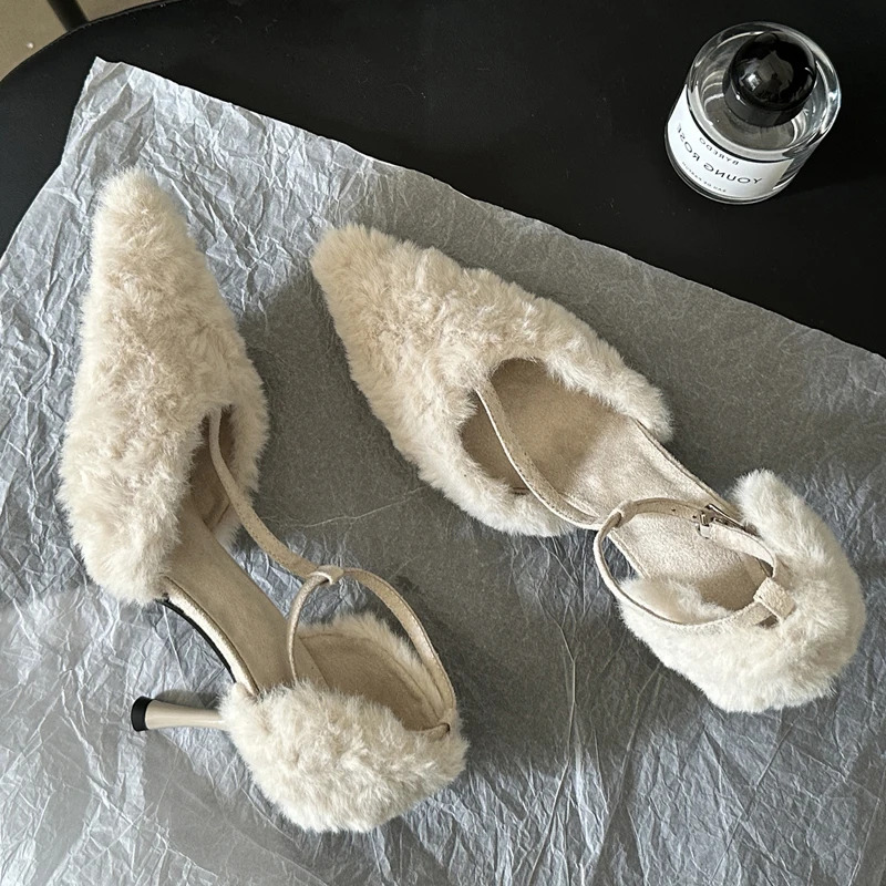 Eilyken Fashion Designer Corduroy Women Pumps Pointed Toe Snadals Elegant Thin Heels Buckle Strap Hollow Stripper Shoes