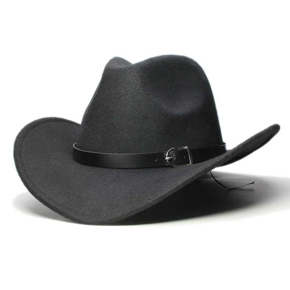 Retro Winter Parents Children Womens Mens/Childrens Wool Wide Brown Cowboy Western Hat Cowboy Girls Bowling C Black Leather Strap (61/57/54cm) W241225