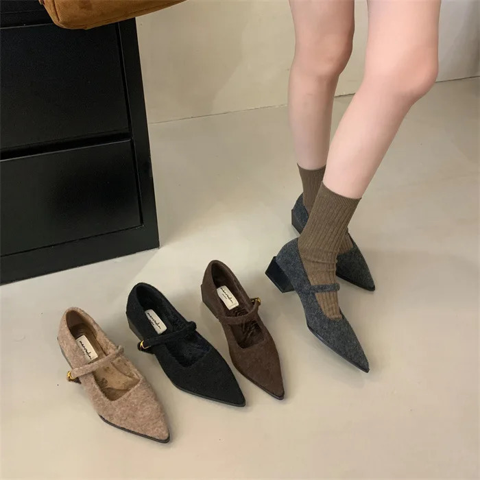 Dress Shoes Woman Office Ladies Mary Jane Slim Heels Footwear Pointed Pumps Chunky Sandals Work Lolita Slimming African Toe Bloc 241225