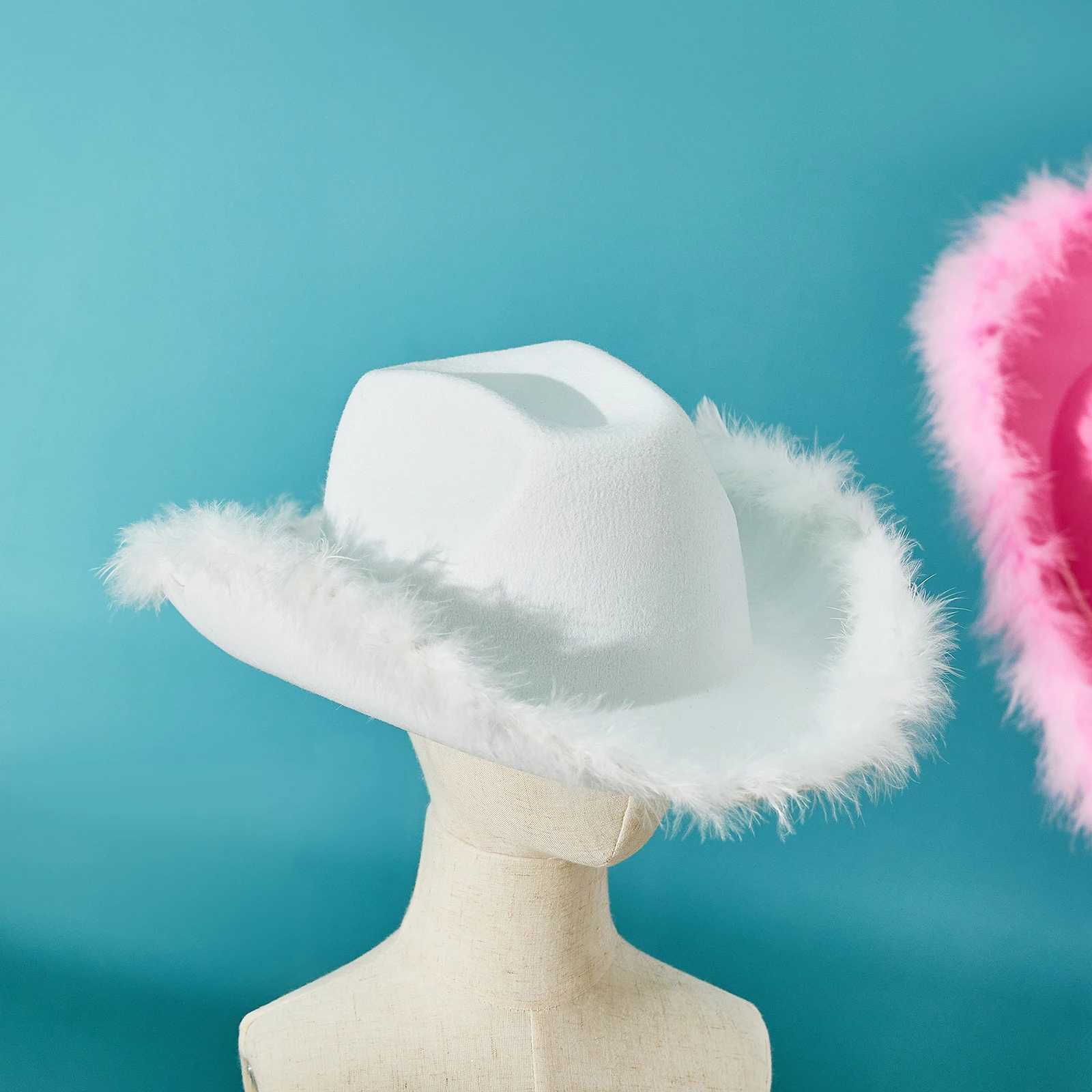 Womens denim hat adult solid color fur decorated wide Brim hat used for dating parties W241225