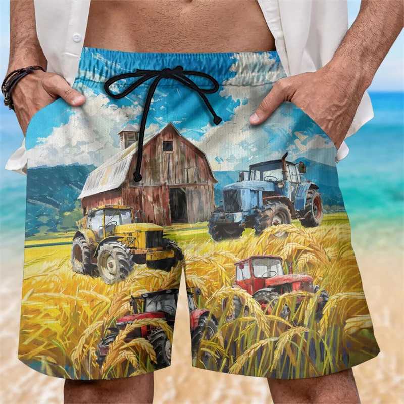 3D printed tractor mens shorts farm pattern beach shorts fashionable casual street oversized Hawaiian surfing swim trunks W241226