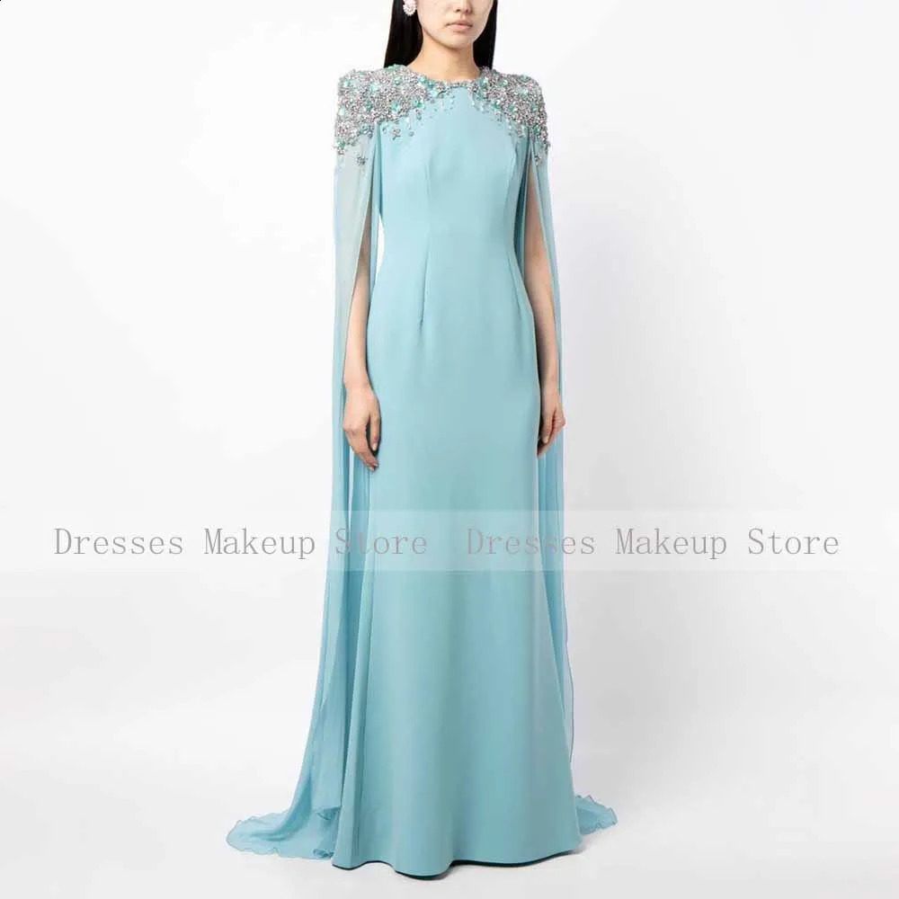 Light Sky Blue Wedding Party Dress Crystal Clock Sleeves O Neck Evening Dresses for Women Mermaid/Trumpet Evening Gowns 241223