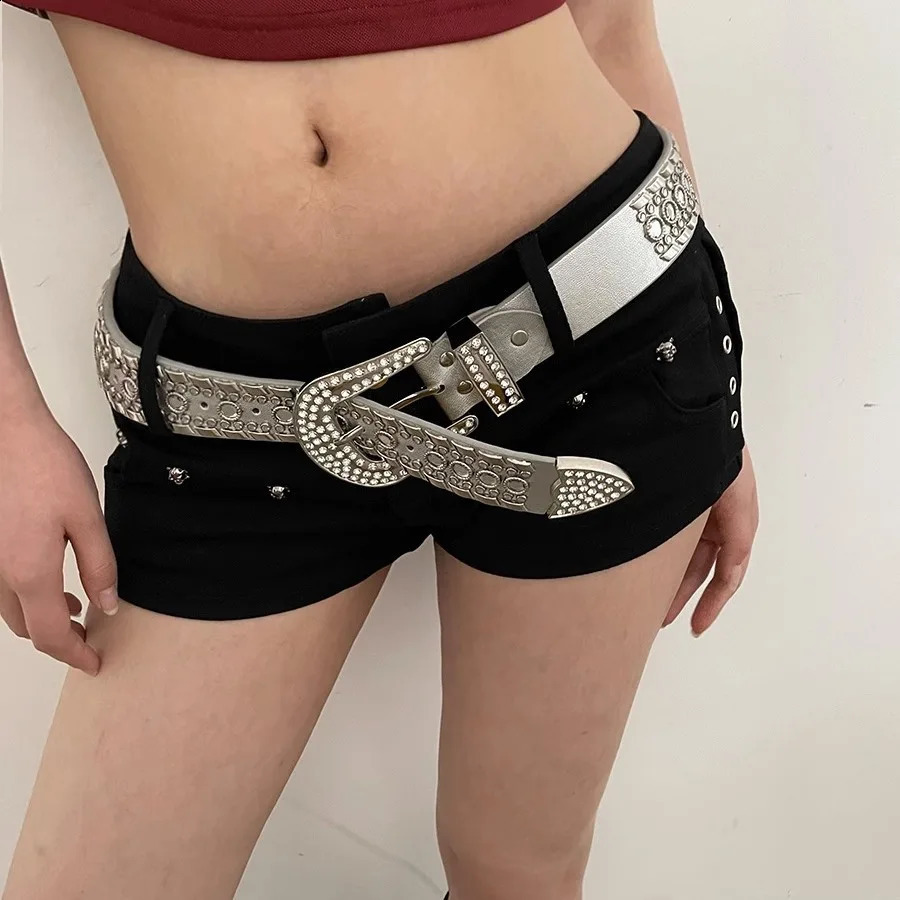 American Style Inlaid Rhinestone Metal Buckle Belt Pu Personality Y2k Girl Wide Belt Nightclub Fashion Jeans Decorative Belt 241226