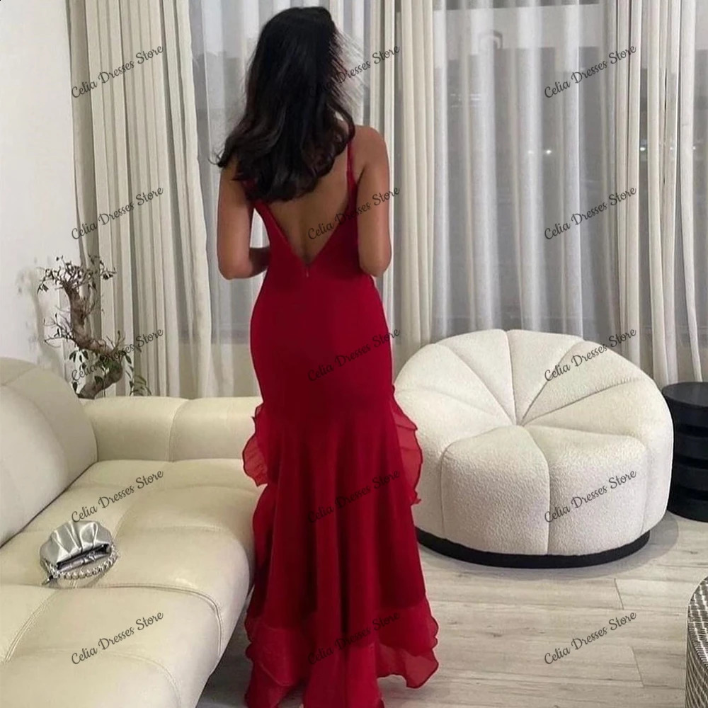 Customized Elegant Red Ruffles Jersey Evening Dress Ladies Scoop Sleeveless High Low Special Occasion Gowns Sexy Open Back 241223