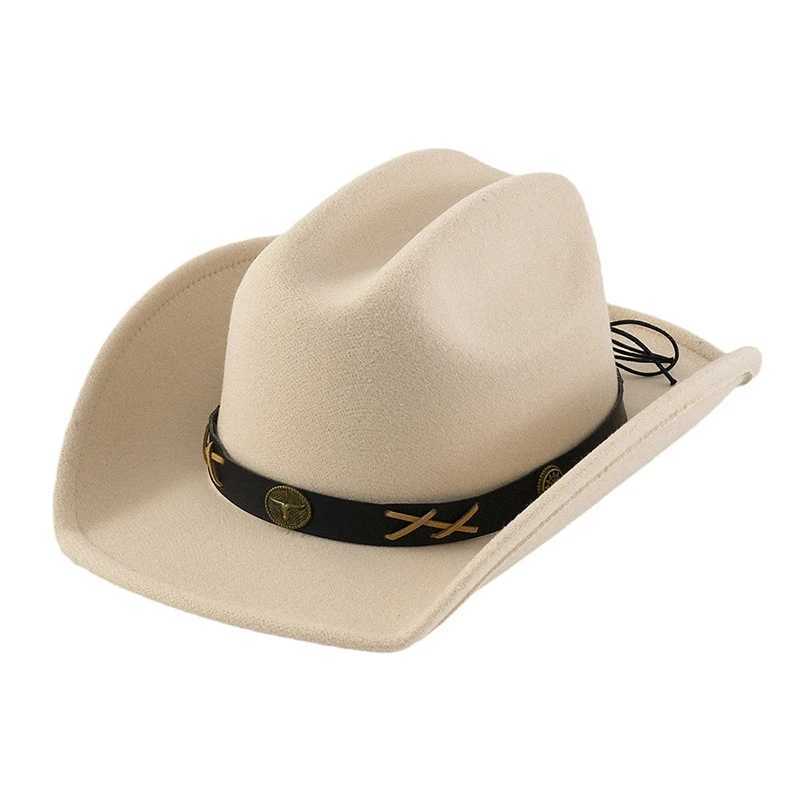Felt denim hat copper cowhide braided rope Western style womens straw hat W241225