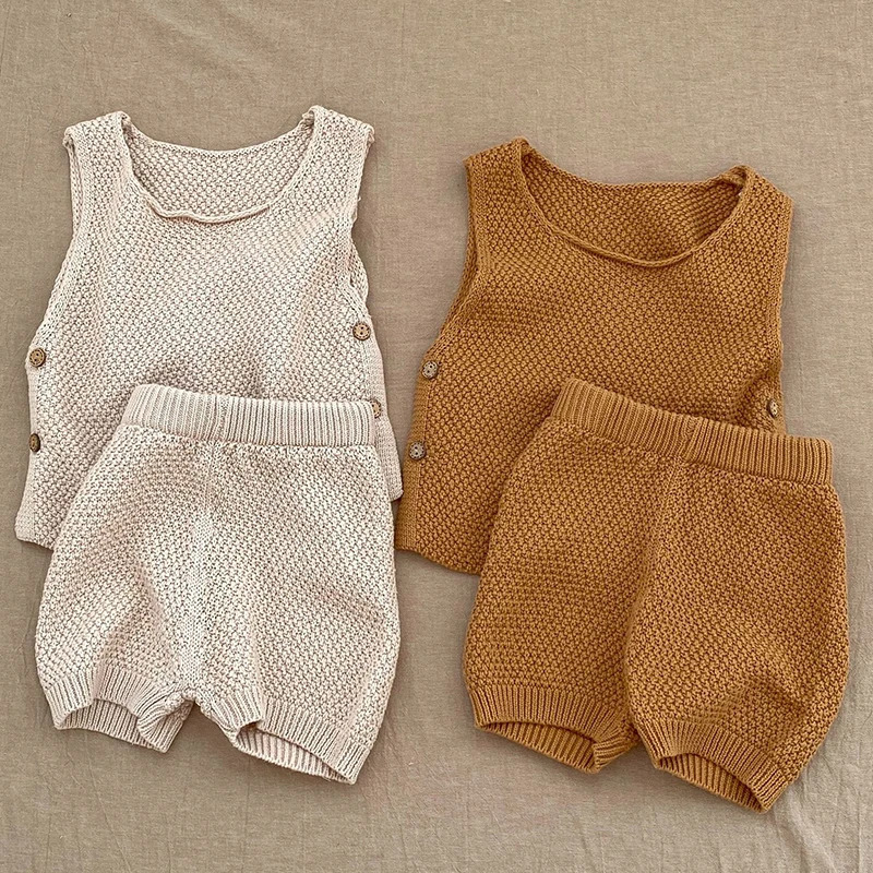 Infant Striped Knitwear Clothing Suit Toddler Child Fashion Baby Girl Boy Knitted Clothes Set VestShorts 2PCS Short Sleeve 241225