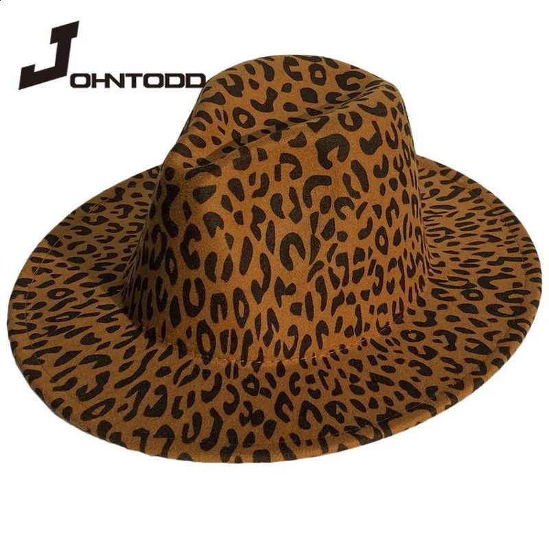 Unisex flat brim wool felt jazz fedora hat men and women leopard print leather band decoration tribe Panama formal hat cowboy 241226