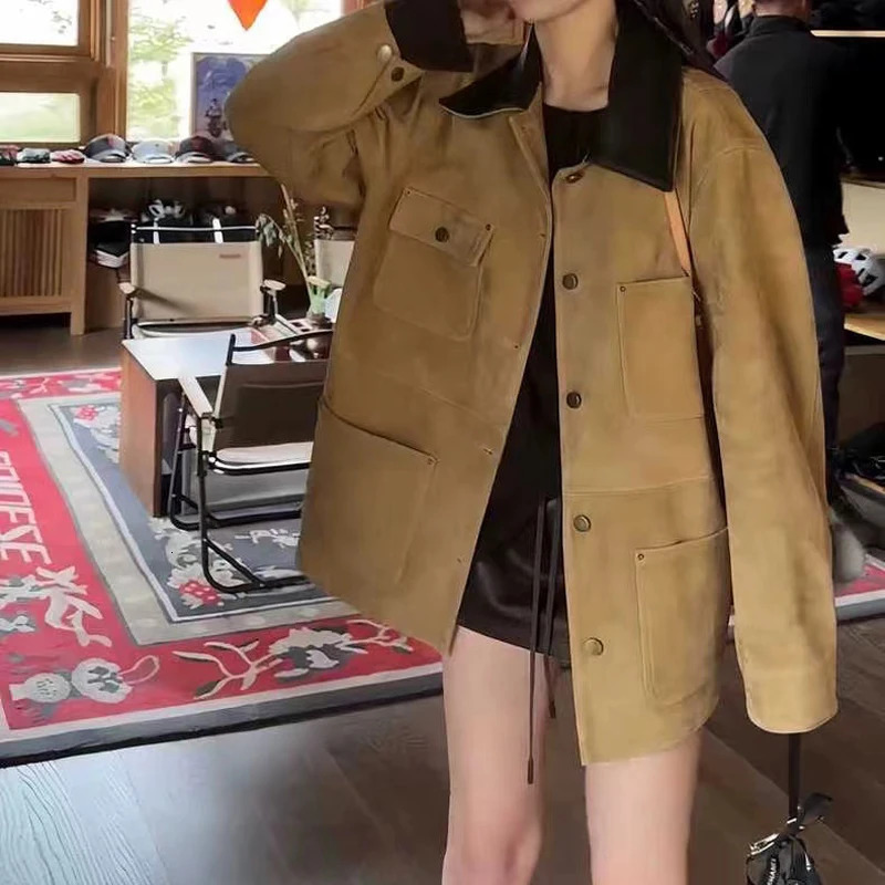 Retro Imported Mixed Sheep Suede Leather Jackets for Women Trendy Soft Kid Medium Long Outwears Female Trench Coat 241227