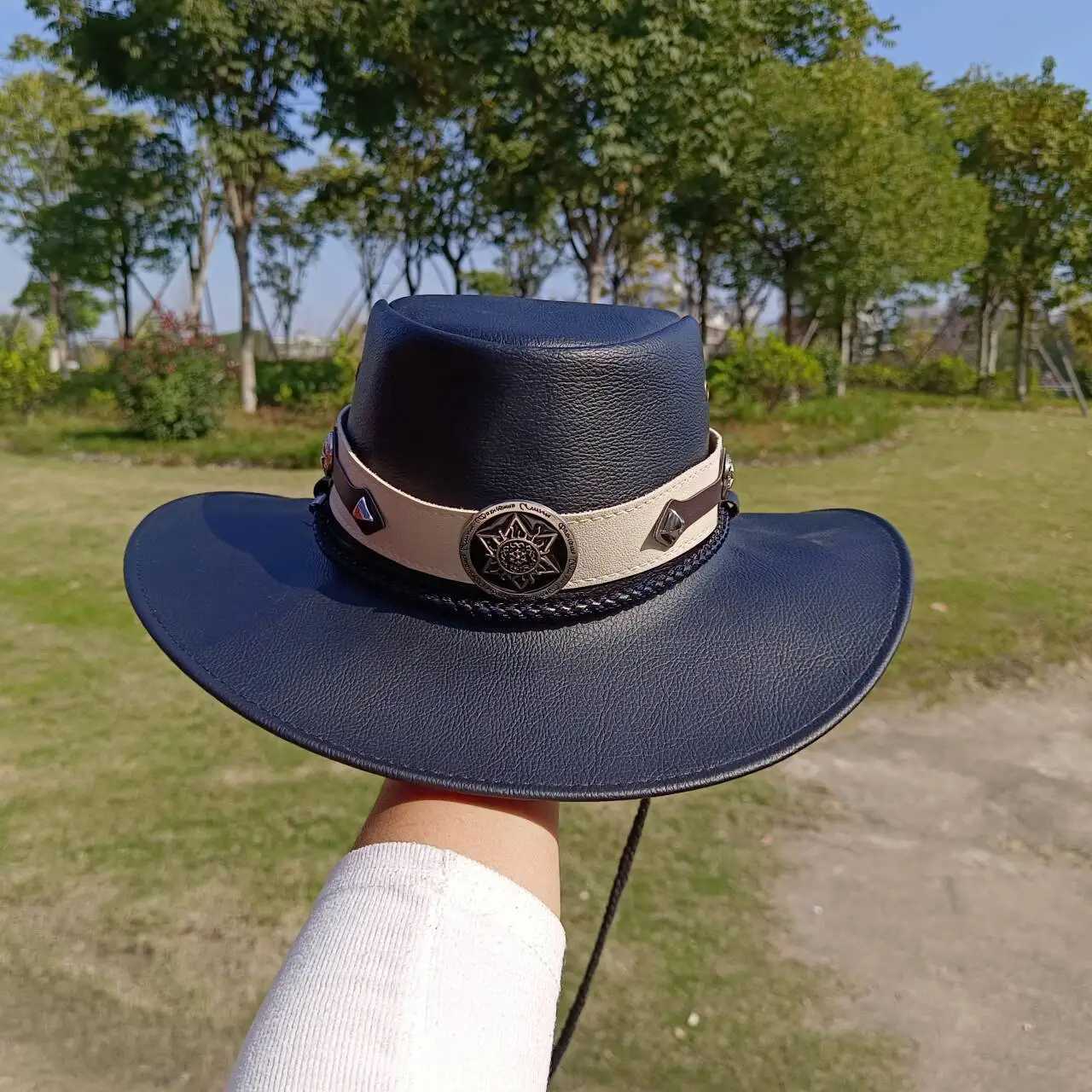 Western cowboy leather hat mens gentleman godfather hat PU material Panama cowboy hat jazz hat cowboy hat W241225