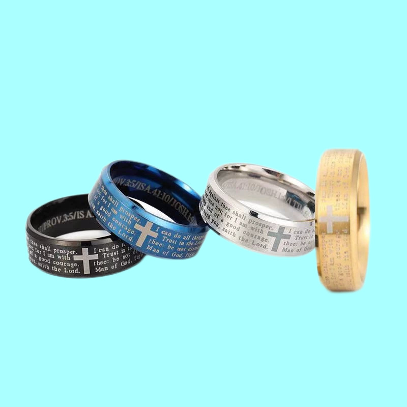 Titanium Steel Engrave Cross Scripture Ring for Men Women Bible Cross Ring Mens Religious Stainless Steel Ring Jesus Tattoo Christianity Cross Letter 