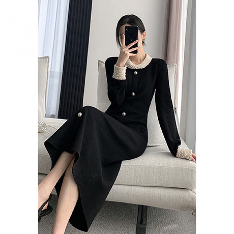 L2061 sweater dress temperament celebrity French Hepburn style black base knitted dress female autumn and winter