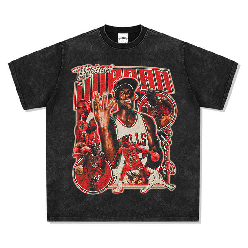 MJ Flying Man Printed Wide Short Sleeve T-shirt Washed American Pure Cotton Round Neck Hoodie