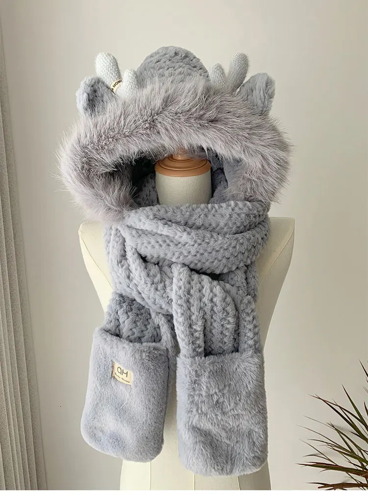 Fashion Elk Antlers Plush Hat Scarf Gloves Womens Winter Ear Protector Thickened Lei Feng Hat Cycling Ski Cap Wind Proof 241225
