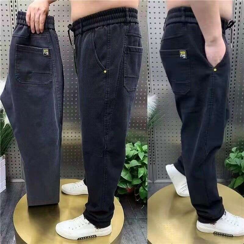 Haruku Stretch Korea Streetwear Loose Solid Denim Jeans Elastic Waist for Men Spring Summer New plus size 7XL 8XL Casual Pants