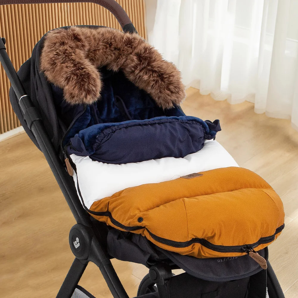 Winter Stroller Footmuff 024Months Baby Envelope Sack Navy Blue Patchwork Windproof Removable Fur Collar For Universal Pram 241225