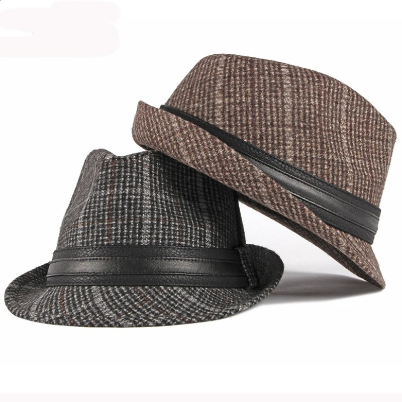 HT2774 Fedoras Autumn Winter Hat Caps for Men Vintage Plaid Wool Hat Retro Gentleman Black Band Fedora Hat Male Trilby Jazz Hat 241226
