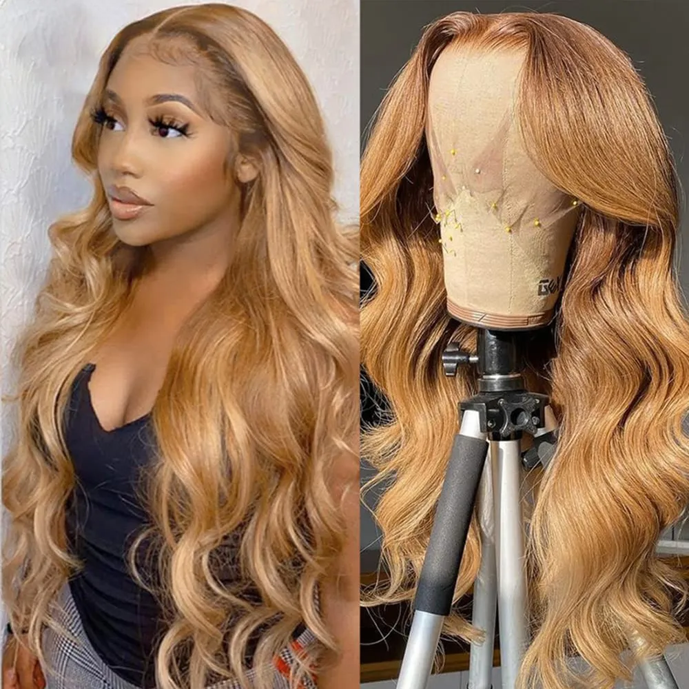 34 Inch Light Brown Long Hair Body Wave 13x4 Simulation Human HD Lace Frontal Wig Synthet Hair Glueless Big Curly Graceful Pre Plucked Lace Front Wig 
