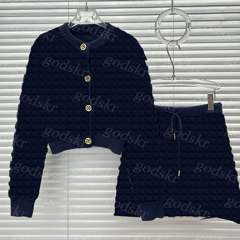 Jacquard Jumper Skirt Women Gold Button Short Knit Cardigan Jacket Sexy A Line Knit Skirt 2 Piece Dress