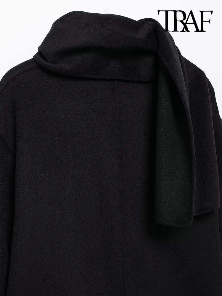TRAFLoose Woolen Jacket with Scarf for Women Long Sleeve Coat Front Button Female Outerwear Chic Tops Fashion 241225