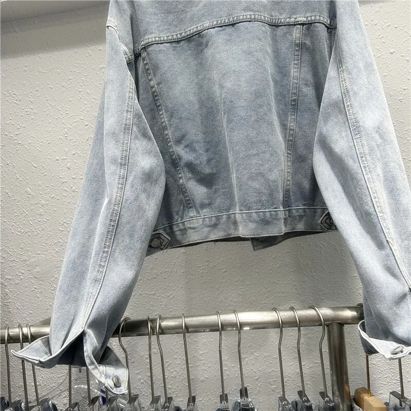 Light Blue Beaded Diamond Short Denim Jacket Women Spring Autumn Casual Lapel Long Sleeve Cow Outerwear Female Streetwear 241223