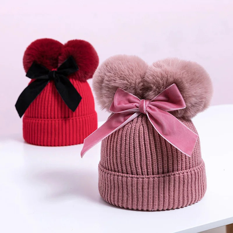 Pompom Baby Winter Hat for Girls Beanie Warm Bow Kids Cap Fur Ball Girl Thicken Snow Children Knitted Hats 636M 241225