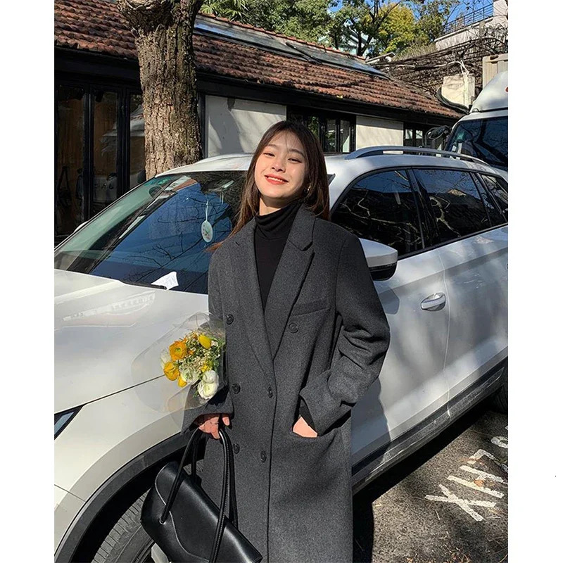 MEXZT Long Wool Blends Coat Streetwear Black Blazer Korean Quilted Woolen Jackets Winter Elegant Overcoat Thick Outerwear 241225