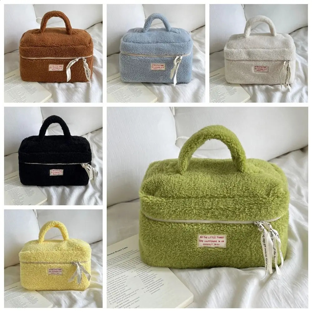 Letter Plush Cosmetic Bag Portable Storage Bag Zipper Travel Washbag Fluffy Makeup Tote Makeup Pouch Bag Female/Girls 241226