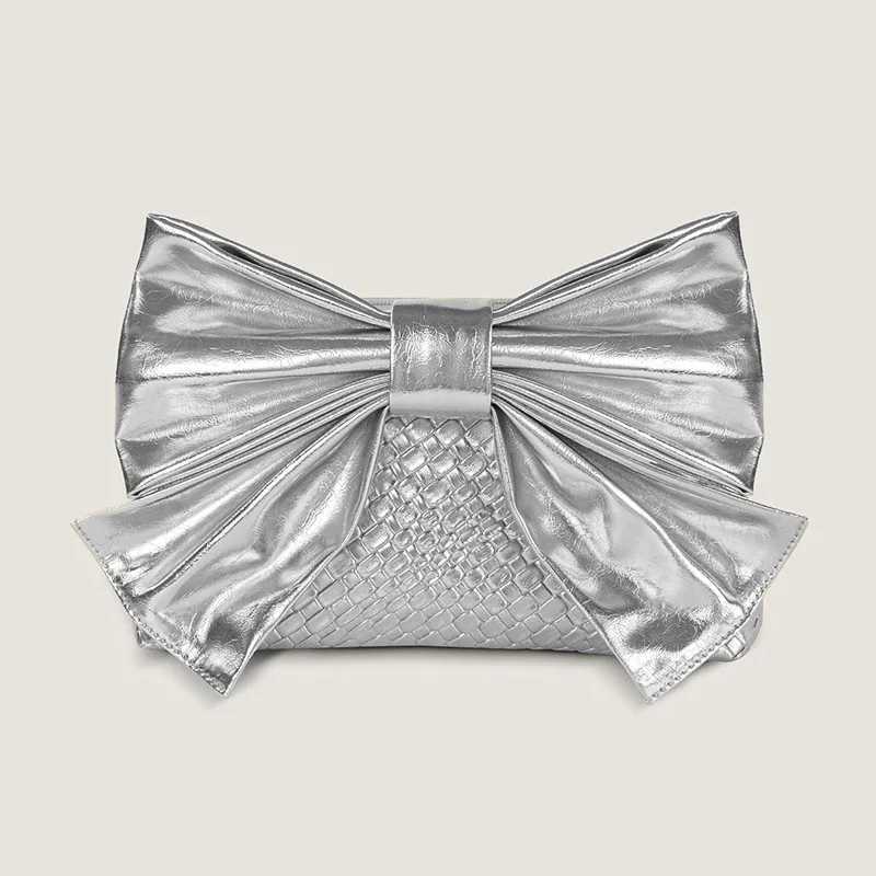 High Quality Luxury gold and silver leather handbag for women sweet PU bow knot clutch metal chain wallet for women elegant wedding party cross body b