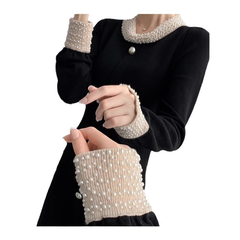 L2061 sweater dress temperament celebrity French Hepburn style black base knitted dress female autumn and winter