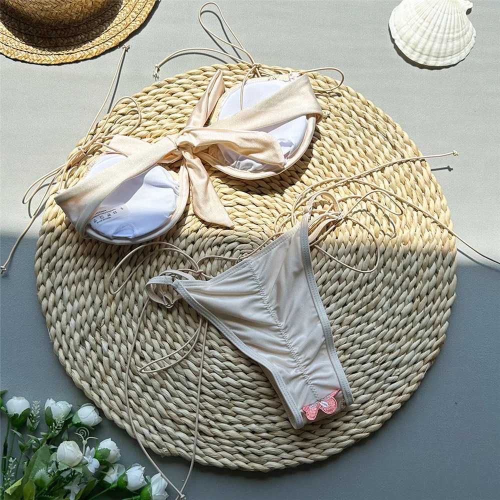 Beige shiny flower embroidered swimsuit thong mini push up bikini set sexy swimsuit womens 2025 swimsuit bead bikini unprinted good productW241225