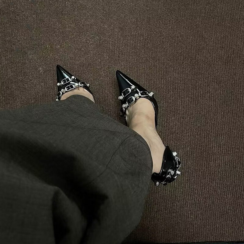 Black Punk Gothic High Heels Pumps For Women 2024 Spring Y2k Metal Decor Thin Heeled Woman Pointed Toe Sier Party Shoes