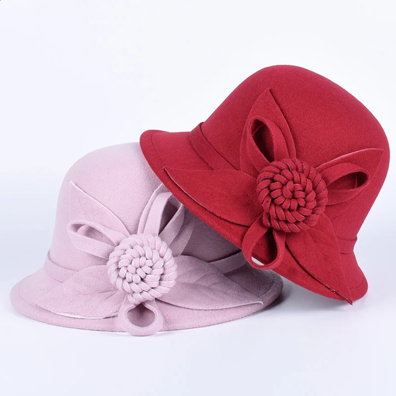 Womens Hat Winter Autumn Warm Ladies Church Bowler Hats Elegant Wool Fedora Hat Flower Vintage Felt Cap Red Pink White 241226