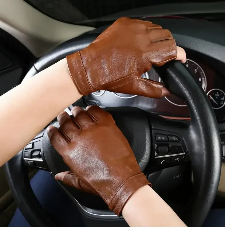Mens Semi-finger Genuine Sheepskin Leather Driving Gloves Male Natural Leather Fingerless Riding Fitness Sports Show Gloves 241226