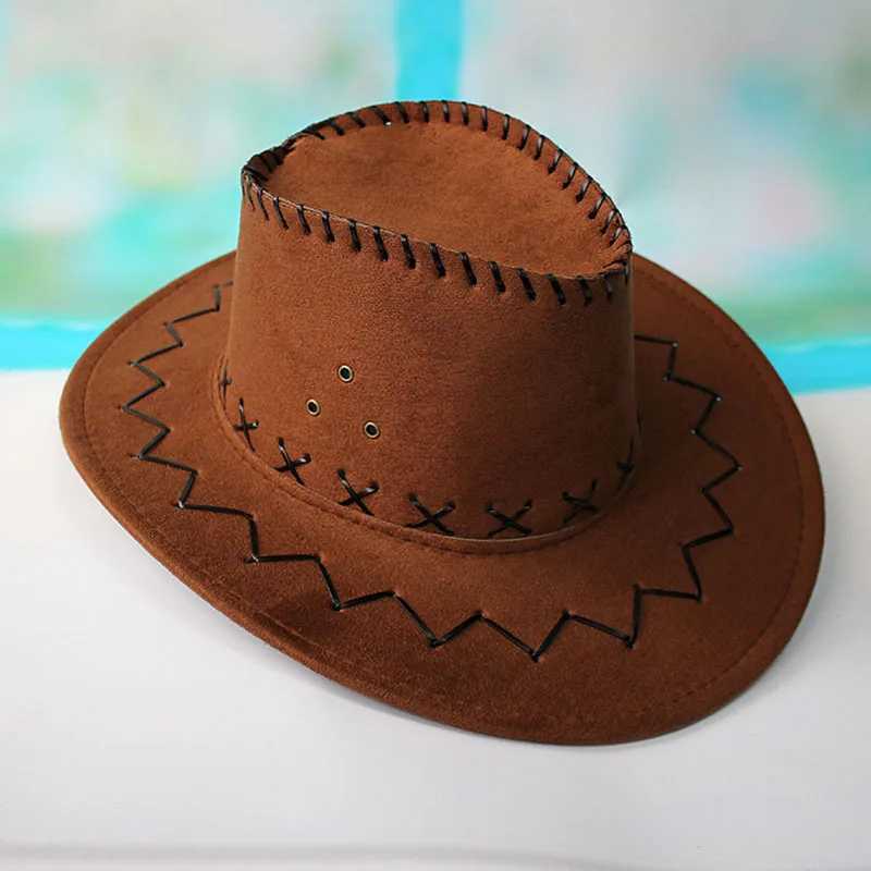 New Cowboy Hat Suede Leather Appearance Wild West Fancy Dr Mens Cowboy Girl Neutral Cowboy Hat Wide Brown Cowboy Girl Jazz C Wholesale W241225