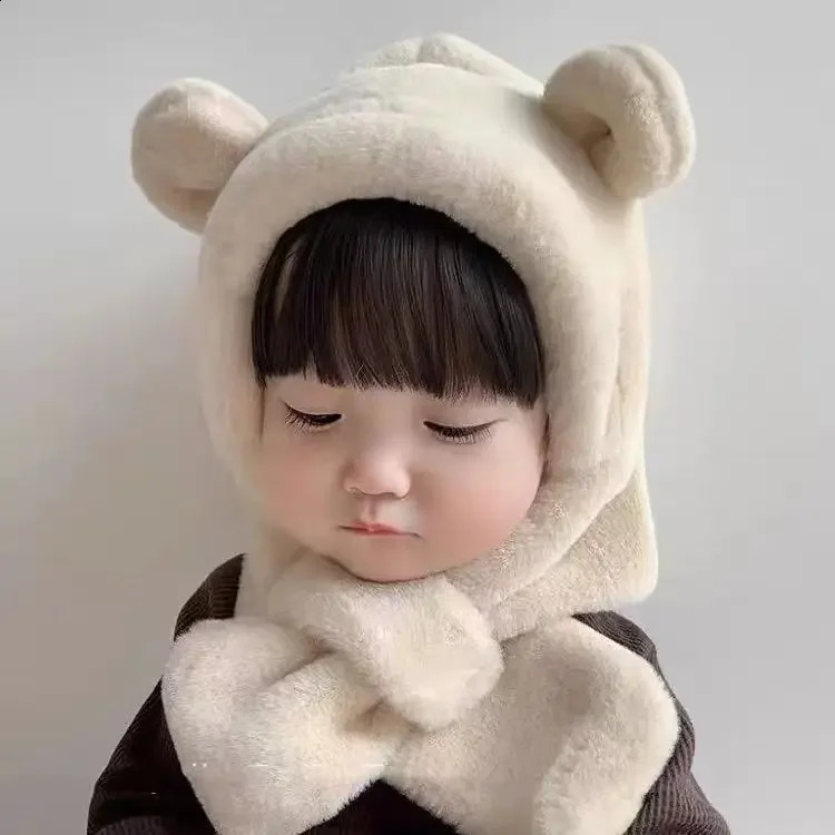 Winter Baby Hat OnePiece Faux Fur Kids Hooded Scarf Bear Ears Warm Neck Ear Cap for Girls Boys Windproof Beanies Infant 241225