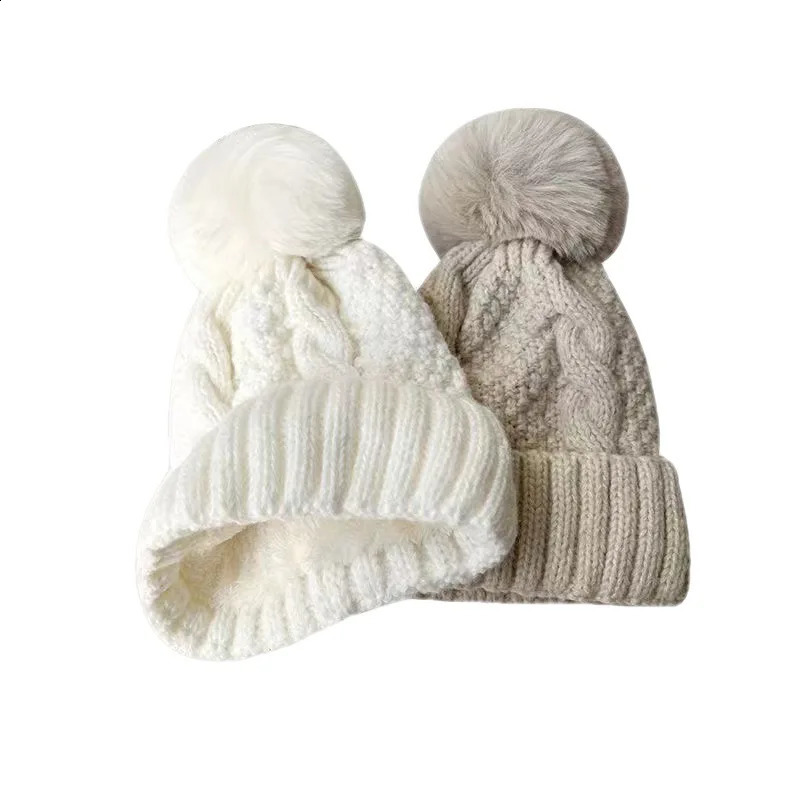 Winter Twist Knitting Hat For Women Fur Pompom Thick Plush Cap Beanie Solid Color Ladies Warm Ski Snow Skullies Beanies 241226