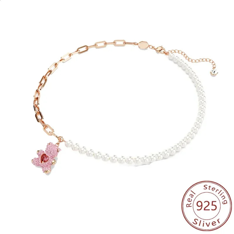 925 Silver Jumping Pink Teddy Bear Pendant Necklace 3D Full Diamond 241226