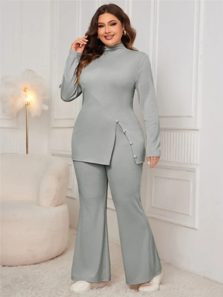 Plus Size Autumn Winter 2 Two Piece Set Women Split Fashion Slim Ladies Blouses High Waist Loose Pleated Woman Flared Pants 241220