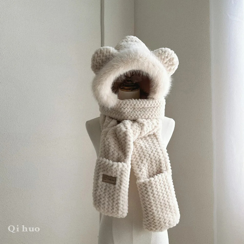 Hat Scarf Gloves three-piece Cap Warm Plush Bib Winter Girl Russian Toboggan Fluffy Knitted Beenies 241225