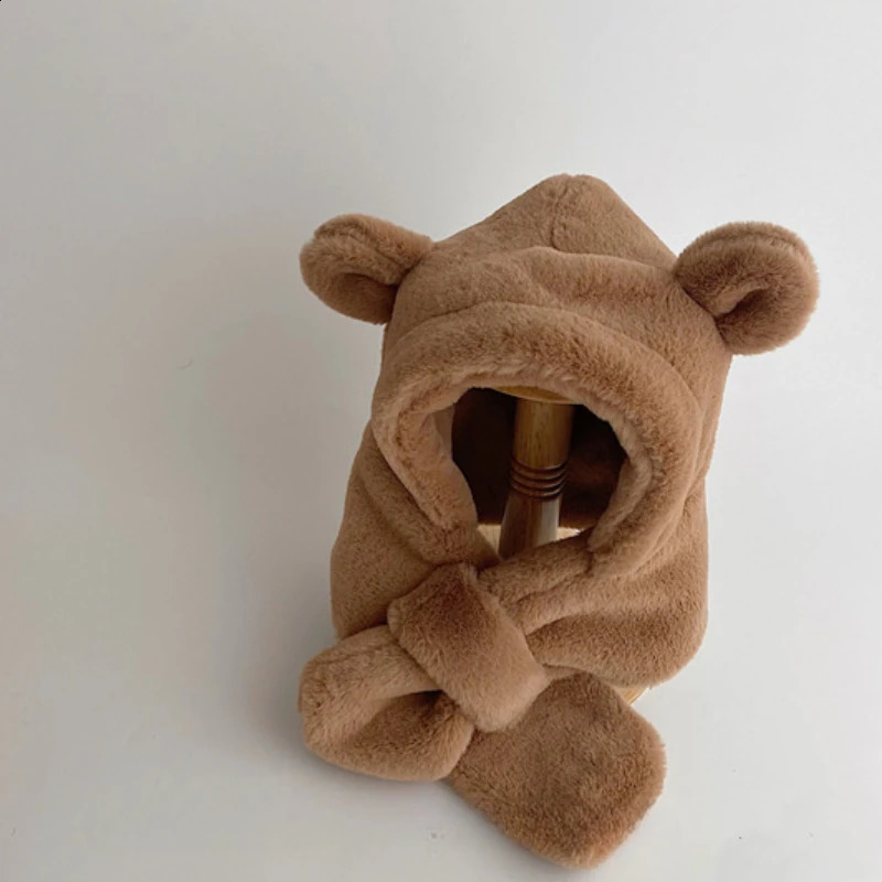 Winter Baby Hat OnePiece Faux Fur Kids Hooded Scarf Bear Ears Warm Neck Ear Cap for Girls Boys Windproof Beanies Infant 241225