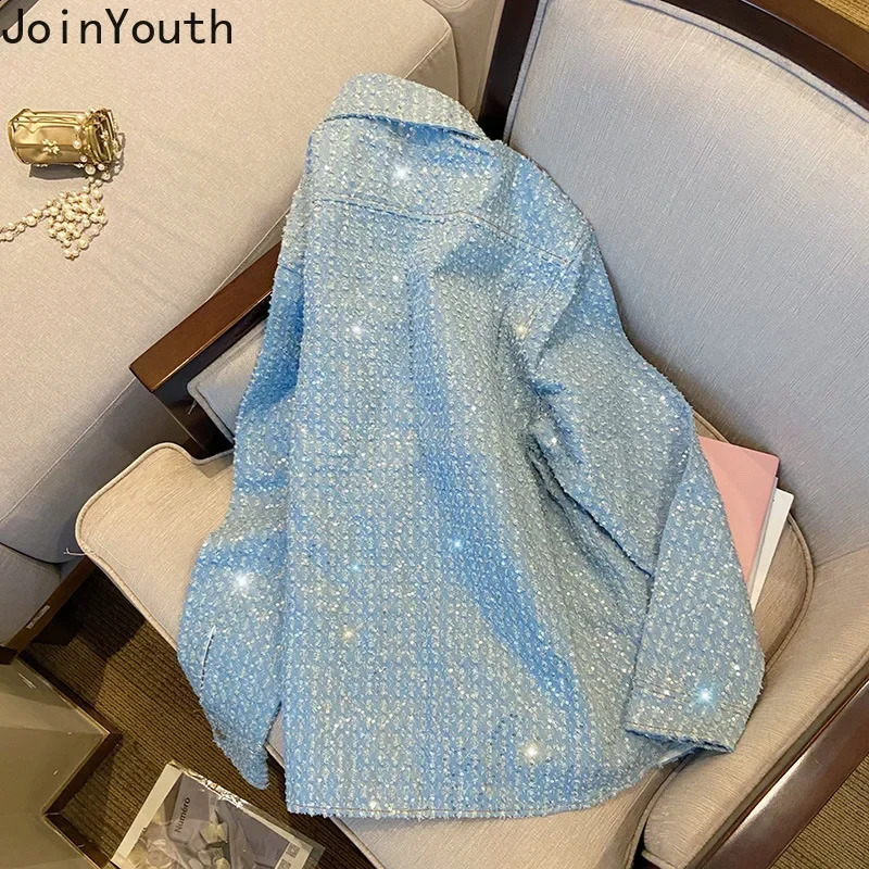 Streetwear Sequined Denim Coat Women Clothing Casual Korean Y2k Tops Ropa Mujer Long Sleeve Fashion Vintage Jackets 7o648 241223