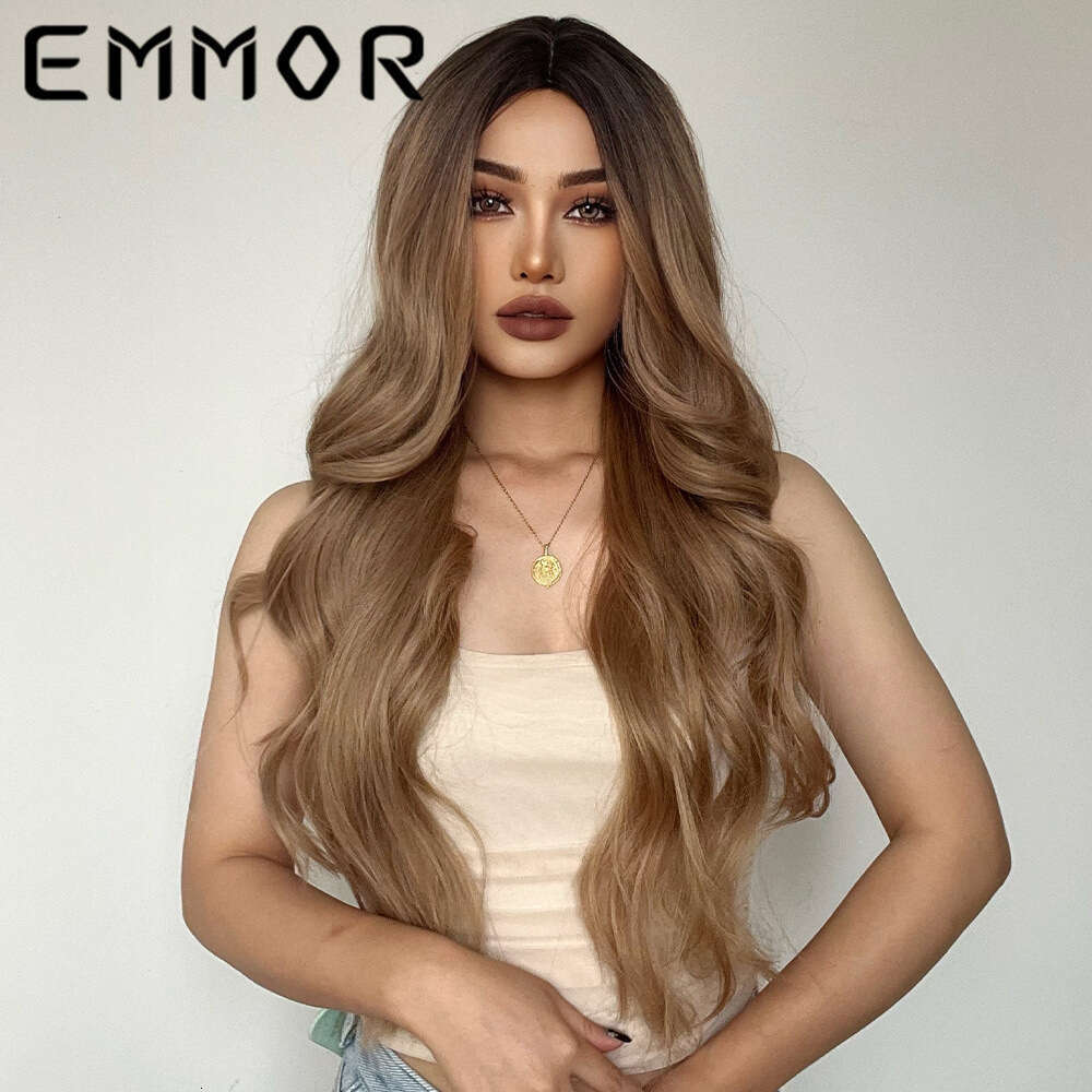 EMMOR Women's Wig Brown Split Gradient Long Curly Hair Chemical Fiber High Temperature Silk Head Cover Wigs Kq1 Kq1