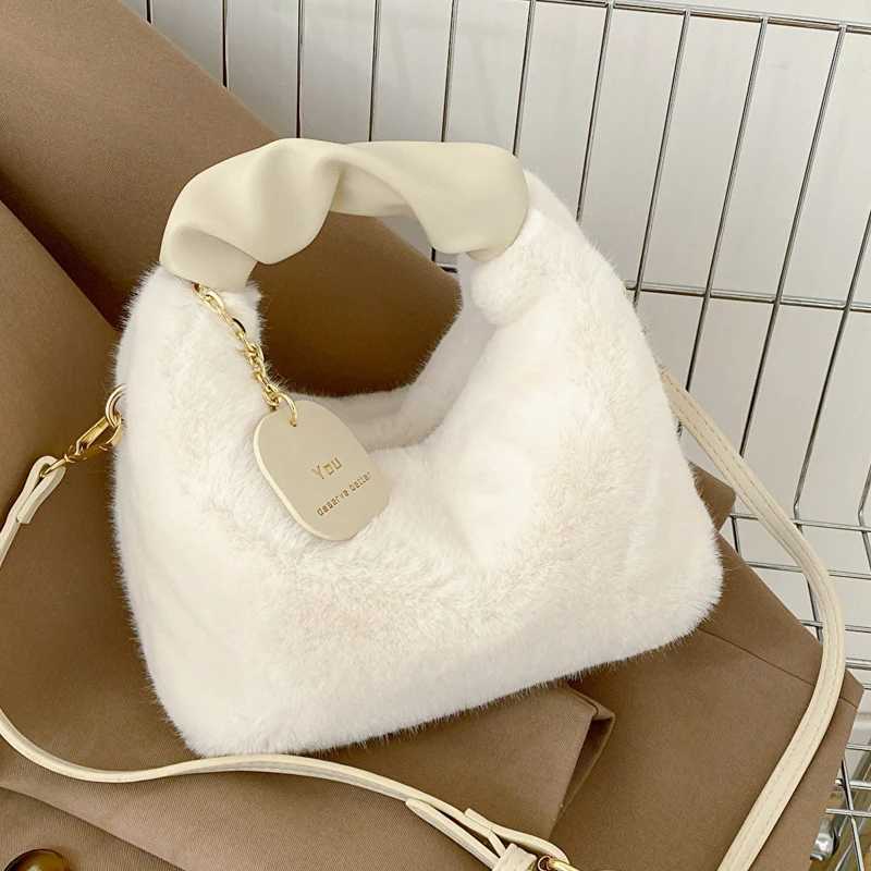 Women Plush Handbags Ruched Handle Small Lady Shoulder Crossbody Bag Casual Tote Half-Mo Hobos Winter BagsXJ241225