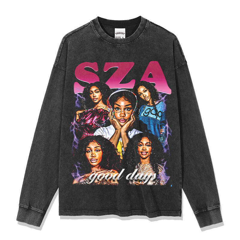 American hip-hop Shisha SZA printed short T-shirt, loose and versatile, long sleeved round neck hooded sweatshirt